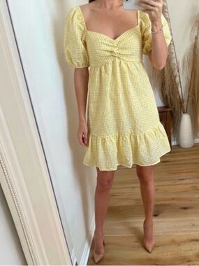 Fashion Nova Yellow Gingham Puff-Sleeve Mini Dress
